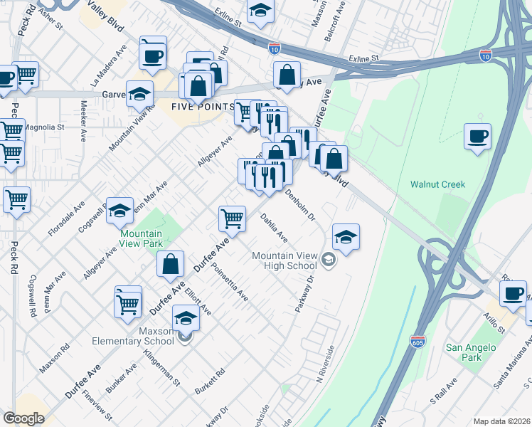 map of restaurants, bars, coffee shops, grocery stores, and more near 12315 Dahlia Avenue in El Monte