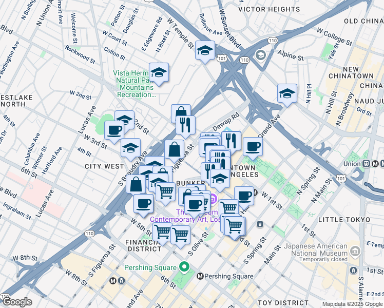 map of restaurants, bars, coffee shops, grocery stores, and more near 160 South Figueroa Street in Los Angeles