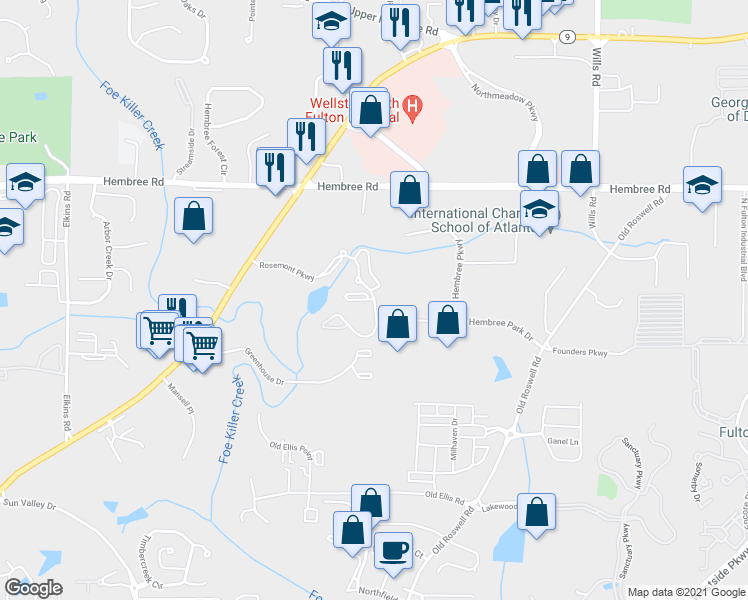 map of restaurants, bars, coffee shops, grocery stores, and more near 908 Rosemont Parkway in Roswell