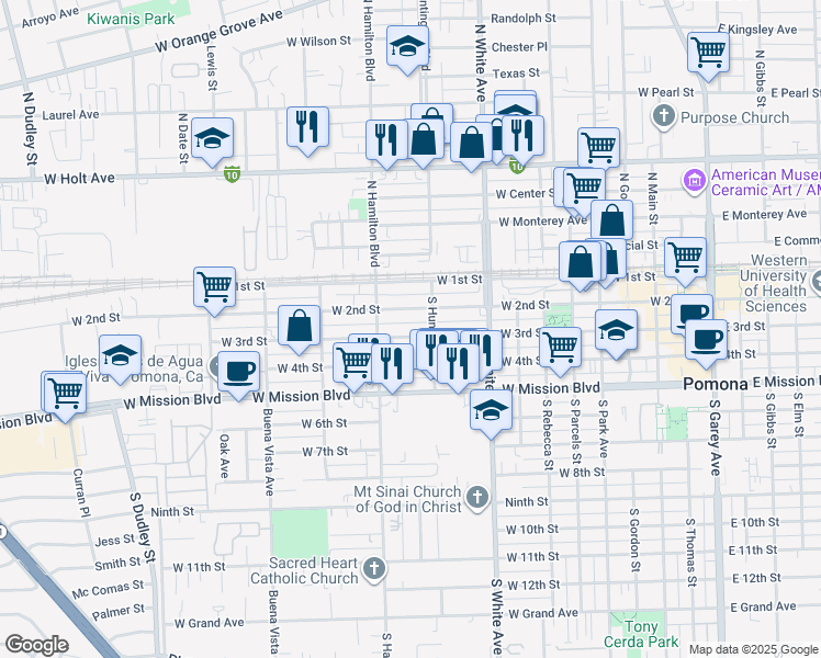 map of restaurants, bars, coffee shops, grocery stores, and more near 1041 West 3rd Street in Pomona