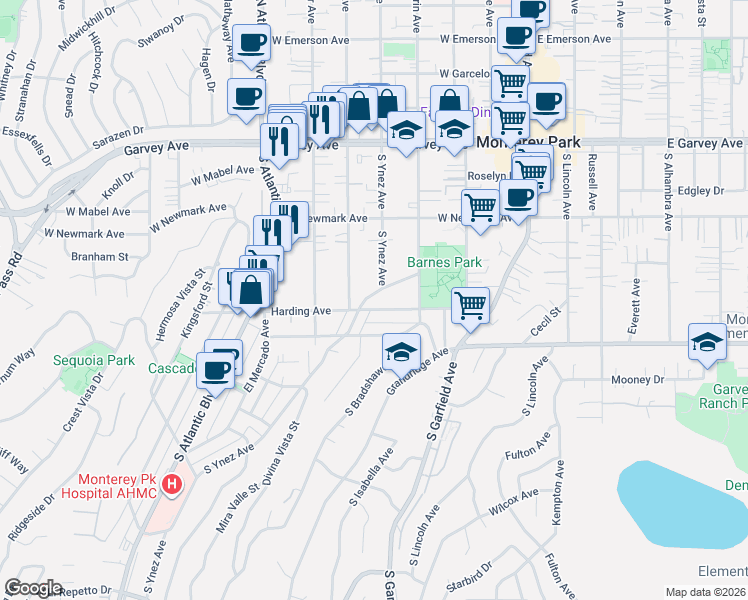 map of restaurants, bars, coffee shops, grocery stores, and more near 436 South Ynez Avenue in Monterey Park