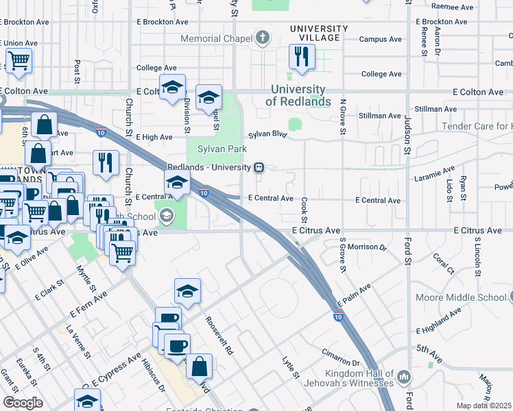 map of restaurants, bars, coffee shops, grocery stores, and more near 202 North University Street in Redlands