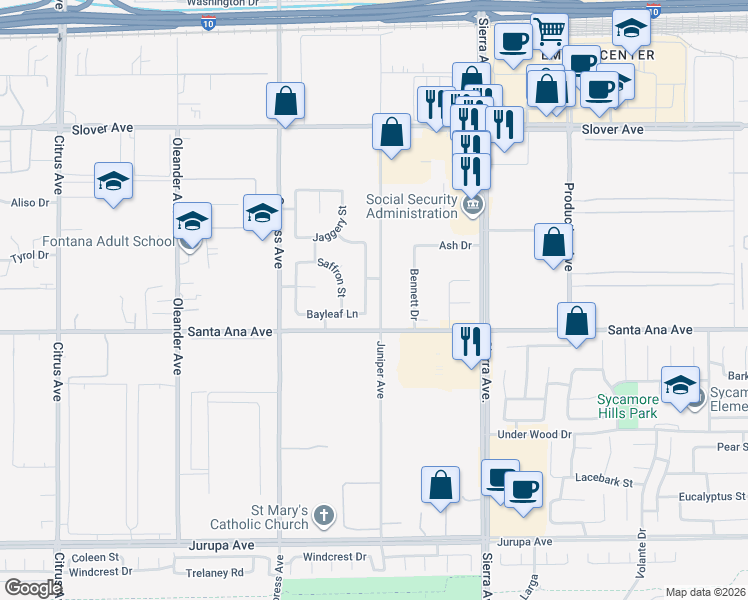 map of restaurants, bars, coffee shops, grocery stores, and more near 10808 Lemon Grass Avenue in Fontana