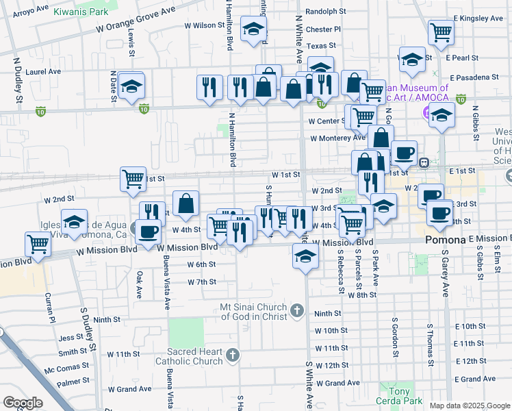 map of restaurants, bars, coffee shops, grocery stores, and more near 1036 West 2nd Street in Pomona
