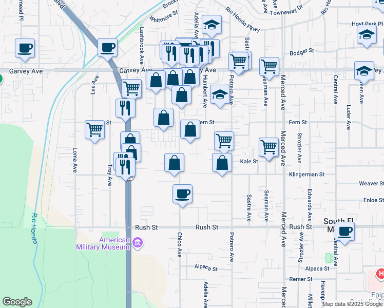 map of restaurants, bars, coffee shops, grocery stores, and more near 2509 Adelia Avenue in South El Monte