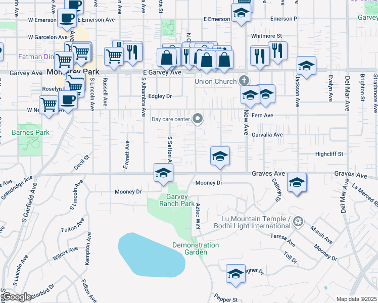 map of restaurants, bars, coffee shops, grocery stores, and more near 425 South Orange Avenue in Monterey Park