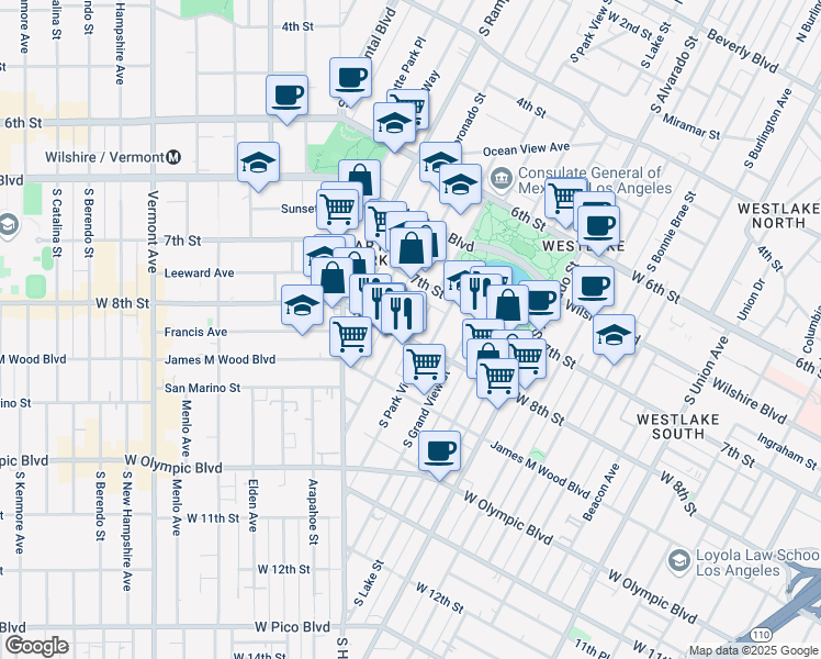 map of restaurants, bars, coffee shops, grocery stores, and more near 716 South Carondelet Street in Los Angeles