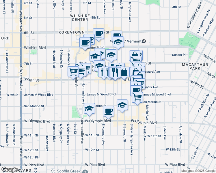 map of restaurants, bars, coffee shops, grocery stores, and more near 3142 West 8th Street in Los Angeles