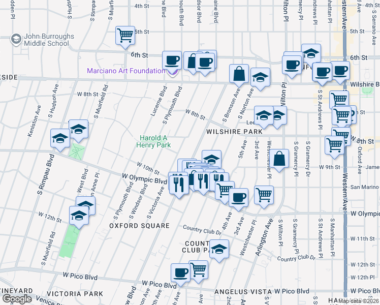 map of restaurants, bars, coffee shops, grocery stores, and more near 856 Crenshaw Boulevard in Los Angeles