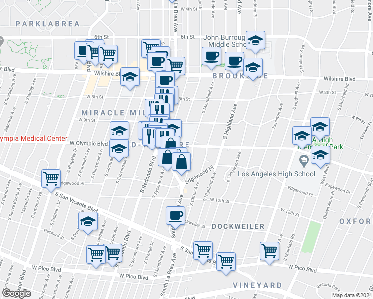 map of restaurants, bars, coffee shops, grocery stores, and more near 958 South Mansfield Avenue in Los Angeles