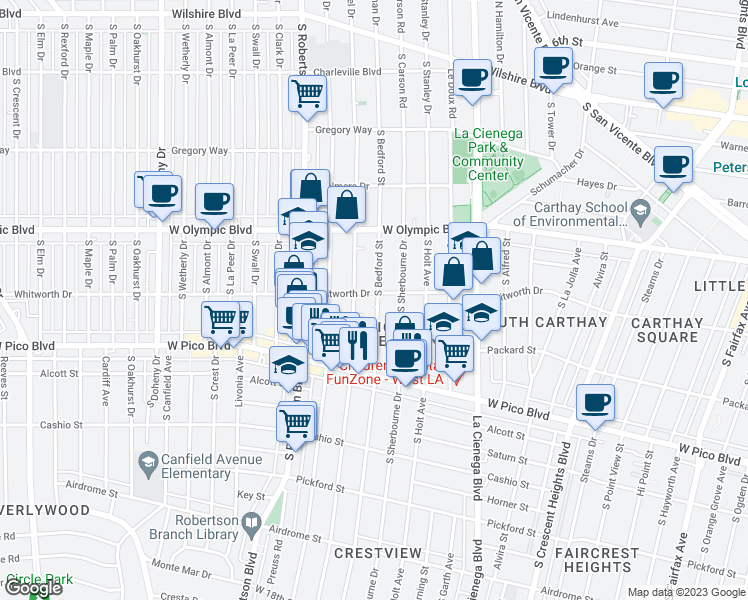 map of restaurants, bars, coffee shops, grocery stores, and more near 1064 South Bedford Street in Los Angeles