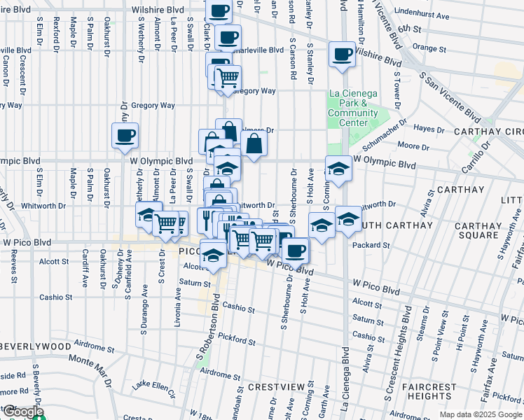 map of restaurants, bars, coffee shops, grocery stores, and more near 1060 South Shenandoah Street in Los Angeles