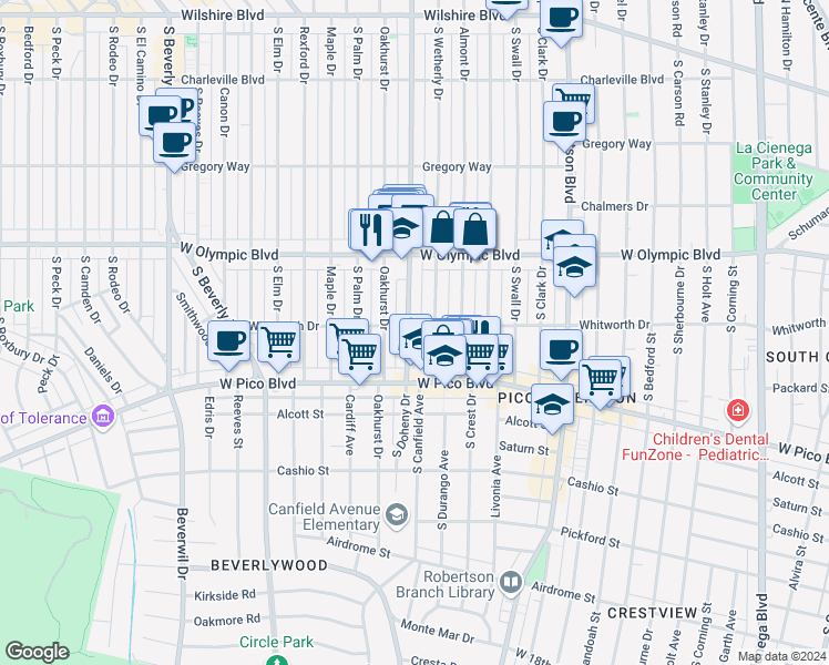 map of restaurants, bars, coffee shops, grocery stores, and more near 461 South Wetherly Drive in Beverly Hills