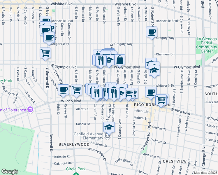 map of restaurants, bars, coffee shops, grocery stores, and more near 454 South Oakhurst Drive in Beverly Hills