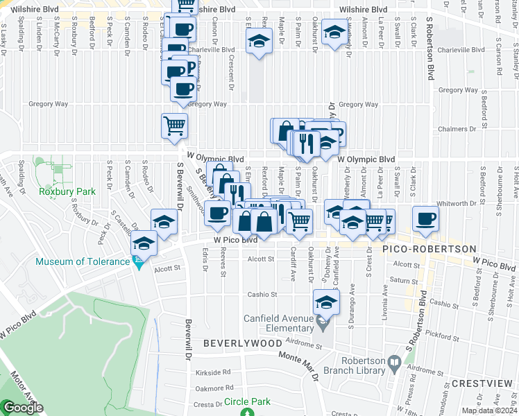 map of restaurants, bars, coffee shops, grocery stores, and more near 454 South Rexford Drive in Beverly Hills