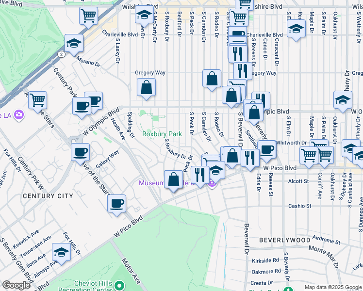 map of restaurants, bars, coffee shops, grocery stores, and more near 467 South Peck Drive in Beverly Hills