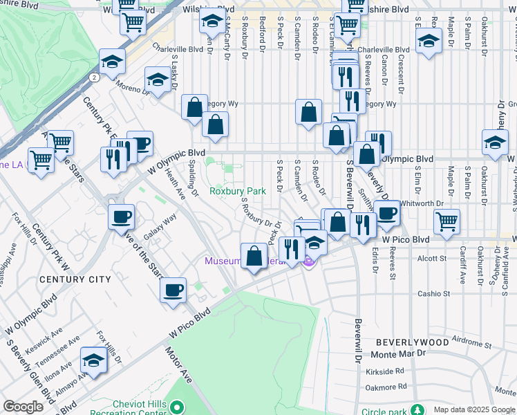 map of restaurants, bars, coffee shops, grocery stores, and more near 480 South Roxbury Drive in Beverly Hills