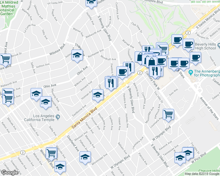 map of restaurants, bars, coffee shops, grocery stores, and more near 10465 Eastborne Avenue in Los Angeles