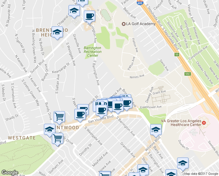 map of restaurants, bars, coffee shops, grocery stores, and more near 11645 Chenault Street in Los Angeles