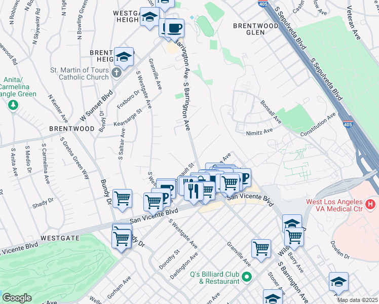 map of restaurants, bars, coffee shops, grocery stores, and more near 605 South Barrington Avenue in Los Angeles