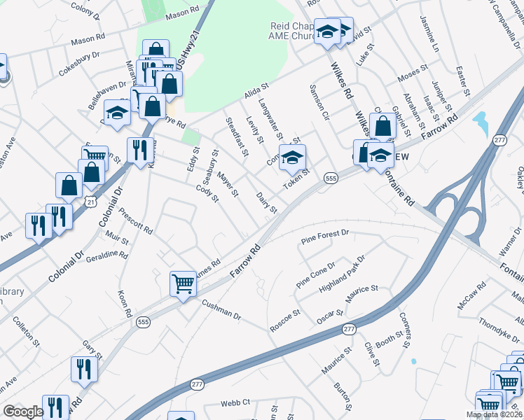 map of restaurants, bars, coffee shops, grocery stores, and more near 1717 Dairy Street in Columbia