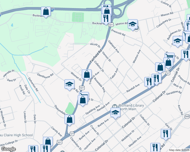 map of restaurants, bars, coffee shops, grocery stores, and more near 5403 Tremont Avenue in Columbia