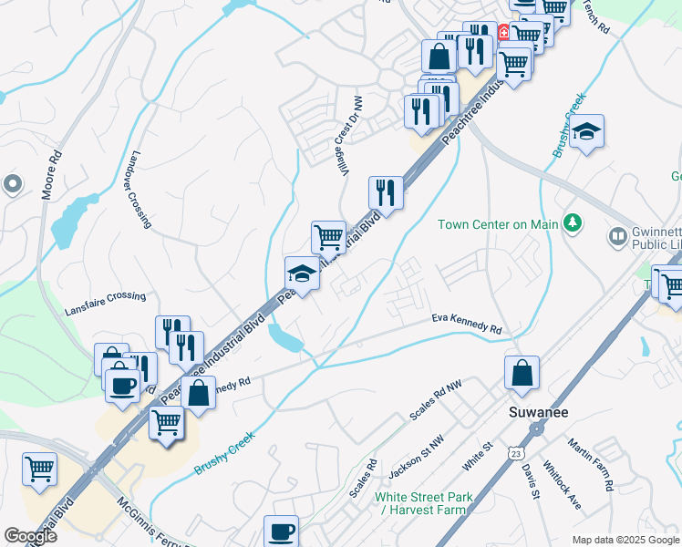 map of restaurants, bars, coffee shops, grocery stores, and more near 750 Peachtree Industrial Boulevard in Suwanee