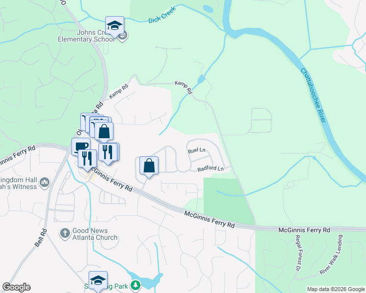map of restaurants, bars, coffee shops, grocery stores, and more near 8935 Friarbridge Drive in Suwanee