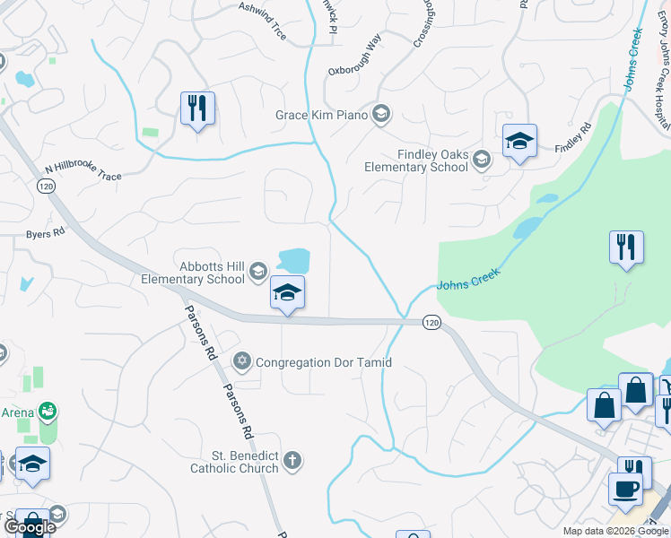 map of restaurants, bars, coffee shops, grocery stores, and more near 11175 Donnington Drive in Duluth