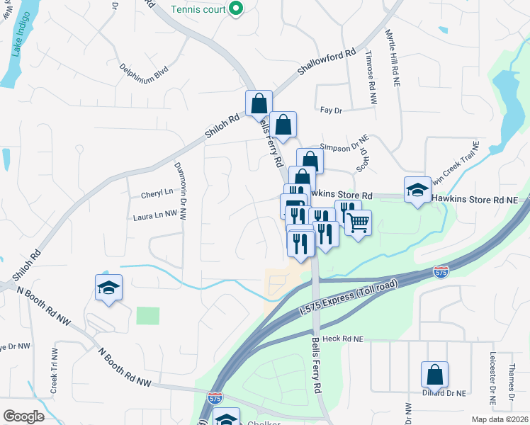 map of restaurants, bars, coffee shops, grocery stores, and more near 446 Bottesford Drive Northwest in Kennesaw