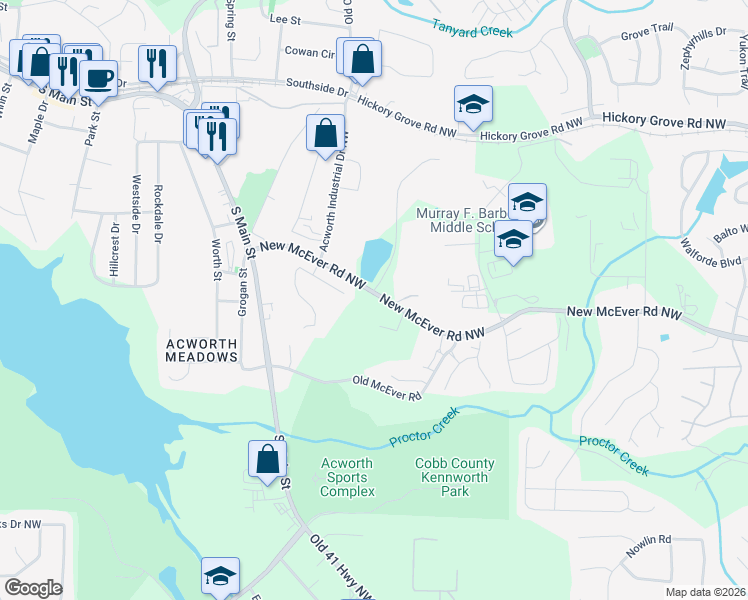 map of restaurants, bars, coffee shops, grocery stores, and more near 3701 New McEver Road Northwest in Acworth