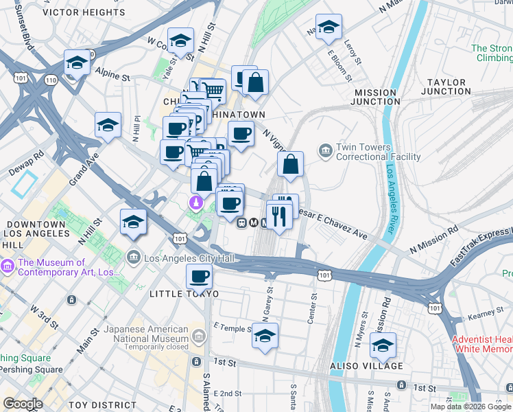 map of restaurants, bars, coffee shops, grocery stores, and more near 441 East Cesar E Chavez Avenue in Los Angeles