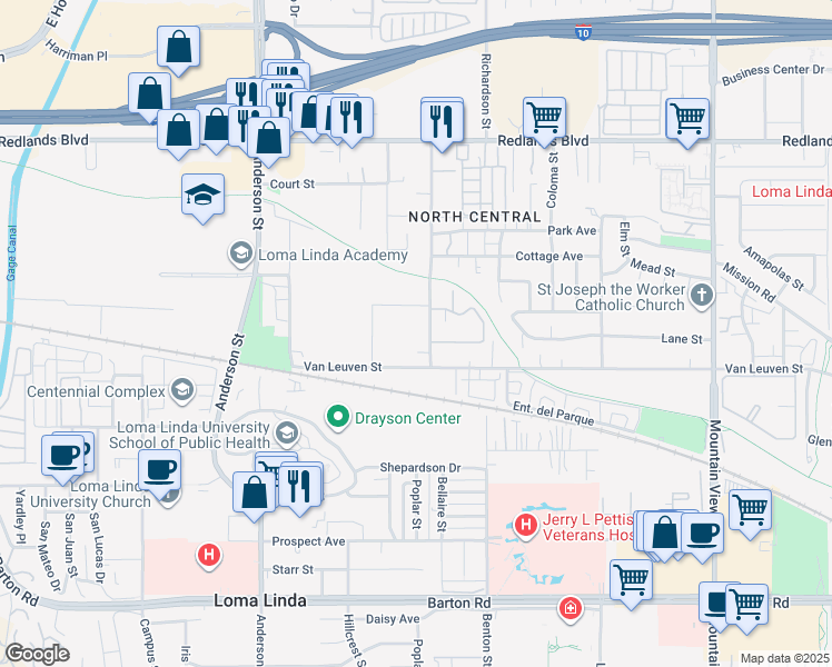 map of restaurants, bars, coffee shops, grocery stores, and more near 10846 Poplar Street in Loma Linda