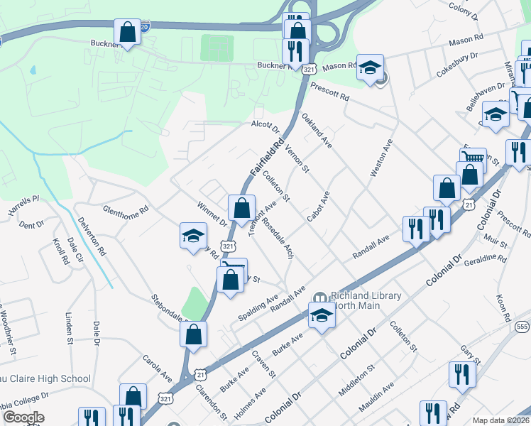 map of restaurants, bars, coffee shops, grocery stores, and more near 5403 Tremont Avenue in Columbia