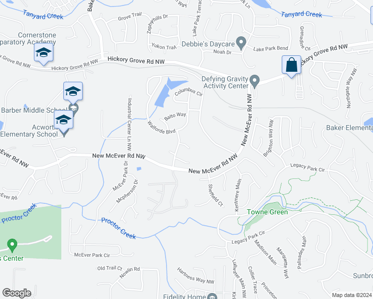 map of restaurants, bars, coffee shops, grocery stores, and more near 3555 Reservoir Pass in Acworth