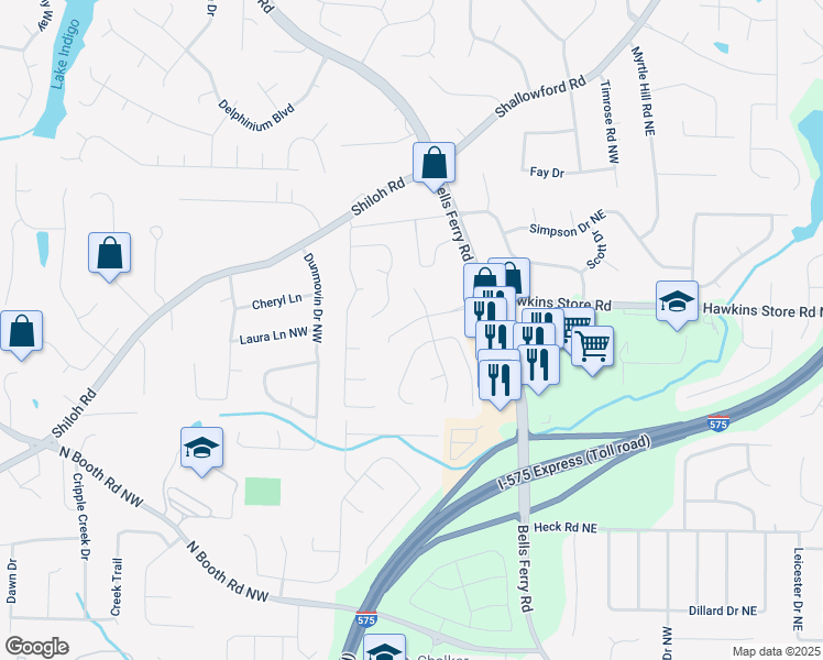 map of restaurants, bars, coffee shops, grocery stores, and more near 327 Bramford Way Northwest in Kennesaw