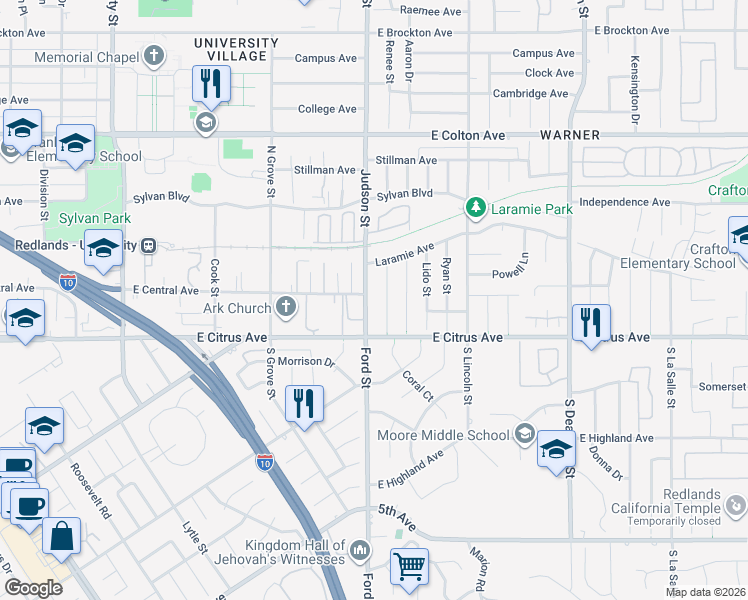map of restaurants, bars, coffee shops, grocery stores, and more near 220 Judson Street in Redlands