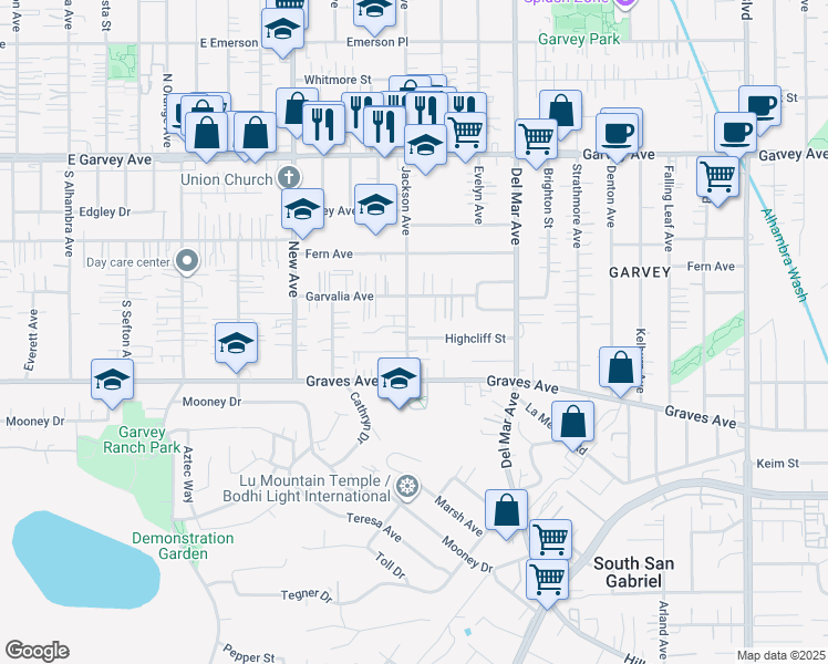 map of restaurants, bars, coffee shops, grocery stores, and more near 2477 Jackson Avenue in Rosemead
