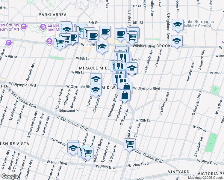 map of restaurants, bars, coffee shops, grocery stores, and more near 955 South Detroit Street in Los Angeles