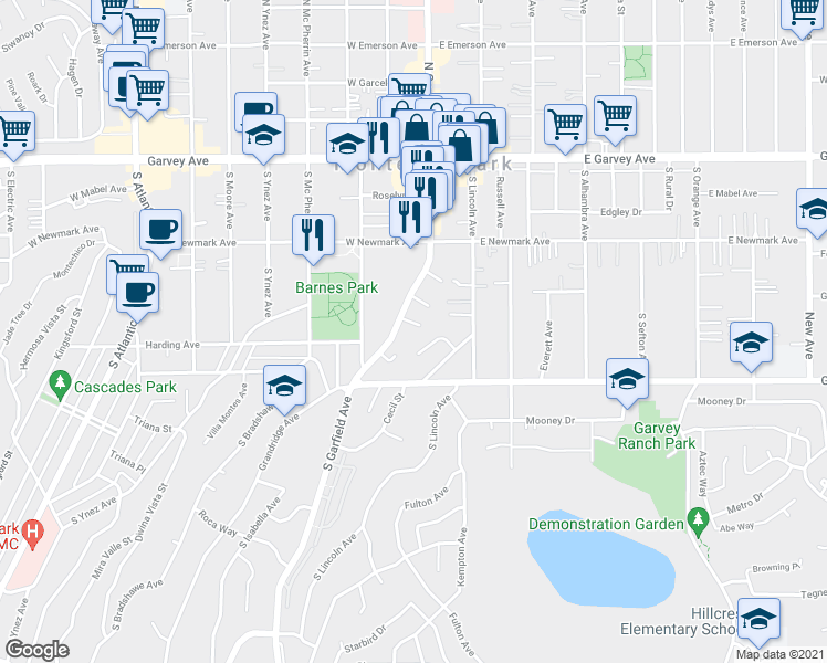 map of restaurants, bars, coffee shops, grocery stores, and more near 438 South Garfield Avenue in Monterey Park