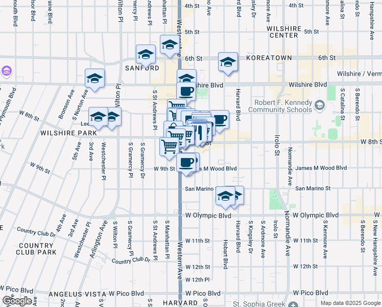 map of restaurants, bars, coffee shops, grocery stores, and more near 3550 West 8th Street in Los Angeles
