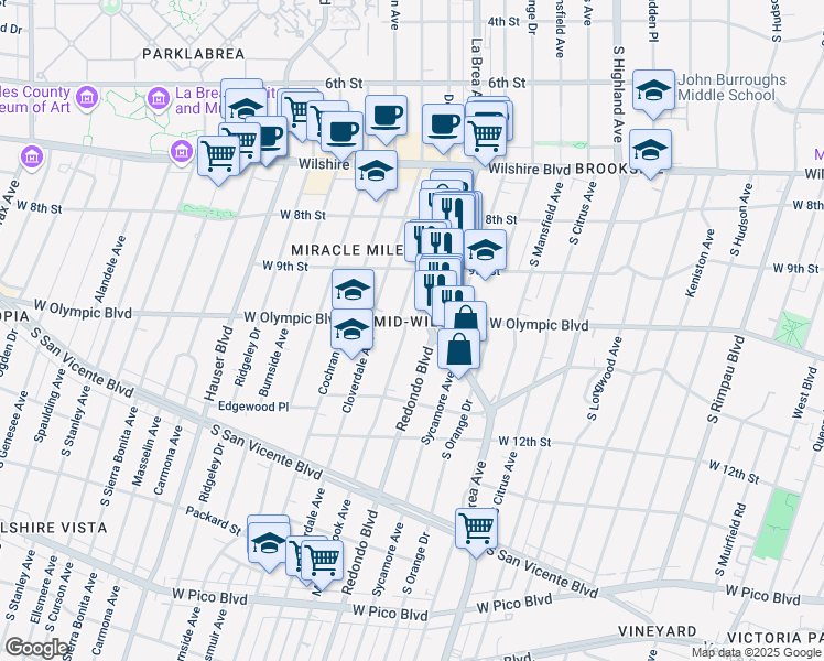 map of restaurants, bars, coffee shops, grocery stores, and more near 5320 West Olympic Boulevard in Los Angeles