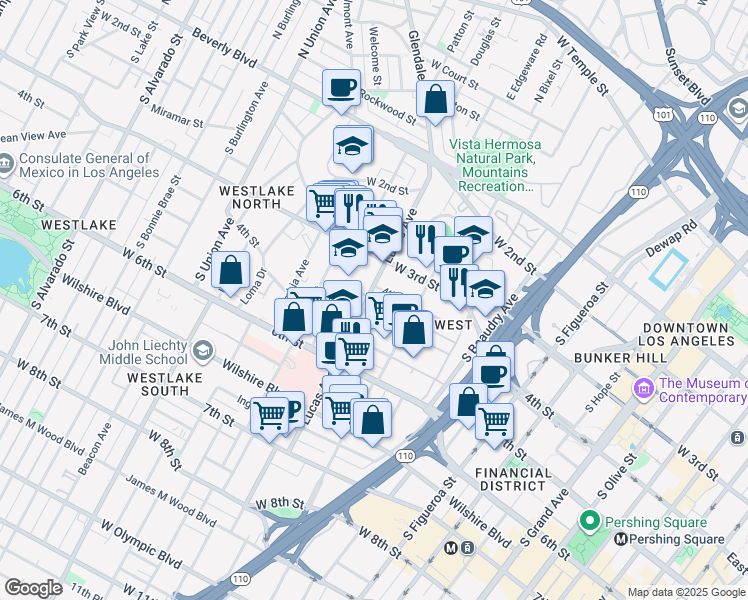 map of restaurants, bars, coffee shops, grocery stores, and more near 322 Lucas Avenue in Los Angeles