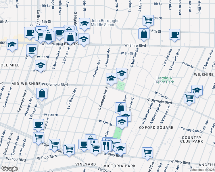 map of restaurants, bars, coffee shops, grocery stores, and more near W Olympic Blvd & S Rimpau Blvd in Los Angeles