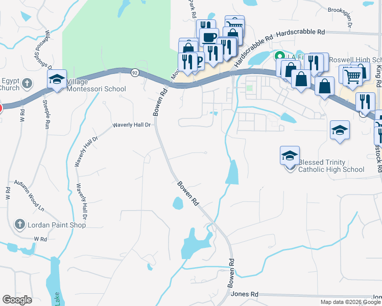 map of restaurants, bars, coffee shops, grocery stores, and more near 2025 Stonehedge Road in Roswell