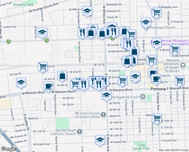 map of restaurants, bars, coffee shops, grocery stores, and more near 991 West 3rd Street in Pomona