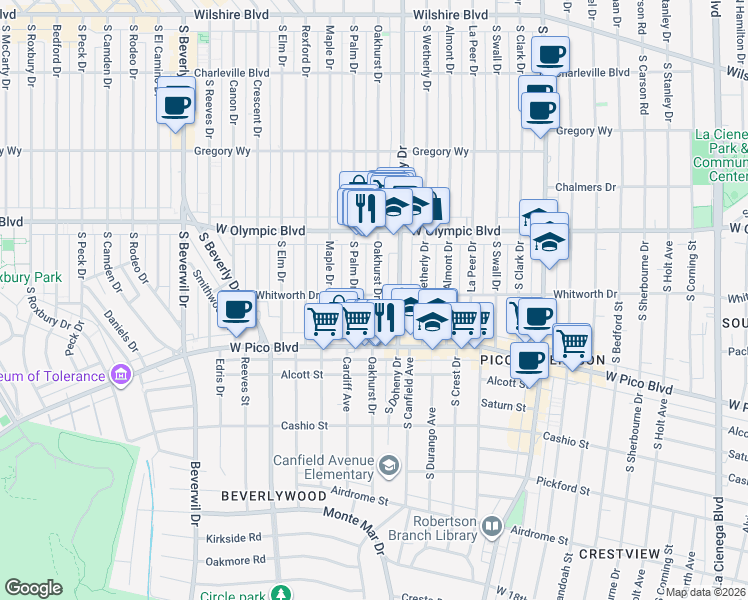 map of restaurants, bars, coffee shops, grocery stores, and more near 1103 South Oakhurst Drive in Los Angeles