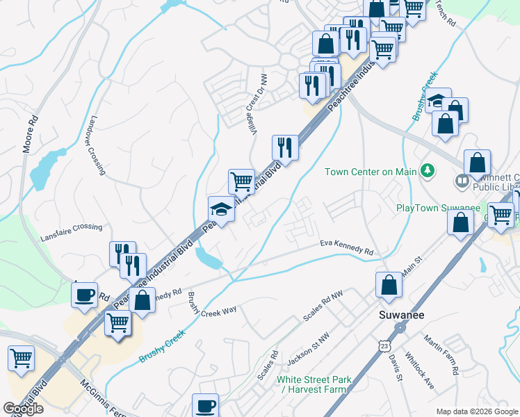 map of restaurants, bars, coffee shops, grocery stores, and more near 730 Peachtree Rd in Suwanee