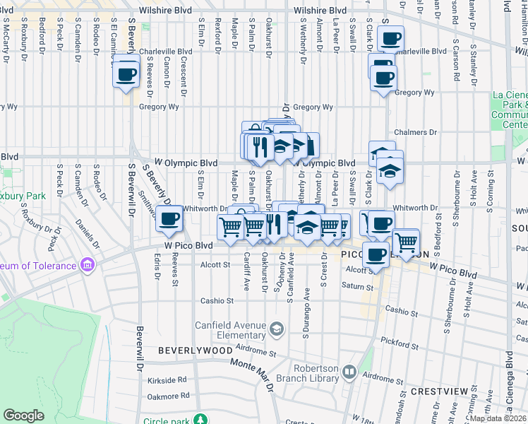 map of restaurants, bars, coffee shops, grocery stores, and more near 1103 South Oakhurst Drive in Los Angeles