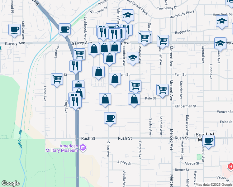 map of restaurants, bars, coffee shops, grocery stores, and more near 2455 Adelia Avenue in South El Monte